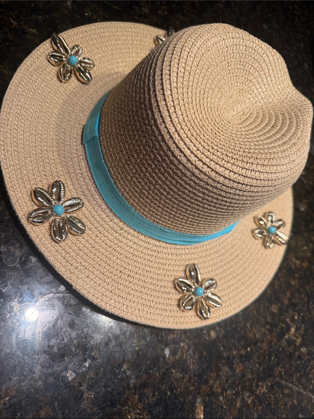 NEW Beige Straw Sun Hat with Turquoise Ribbon and Floral Gold Shell Bead Accents